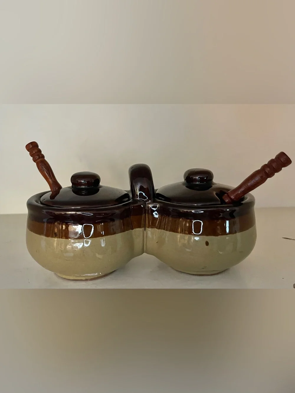 Stoneware Pottery Double Condiment Jam & Jelly Server Brown Vintage with spoons